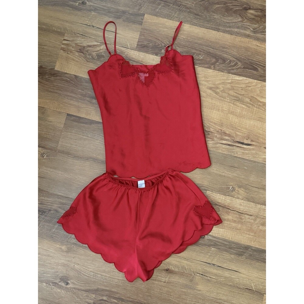 Retro Mystique  Red Satin Heart Sheer Pajama Set Y2K Small‎ Camisole Shorts